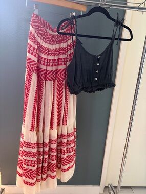 Red & White Ethnic Print Maxi Skirt - Women